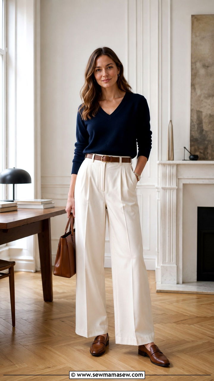 V neck sweater with wide leg pants and loafers - 30 Sweater outfit ideas for women over 40