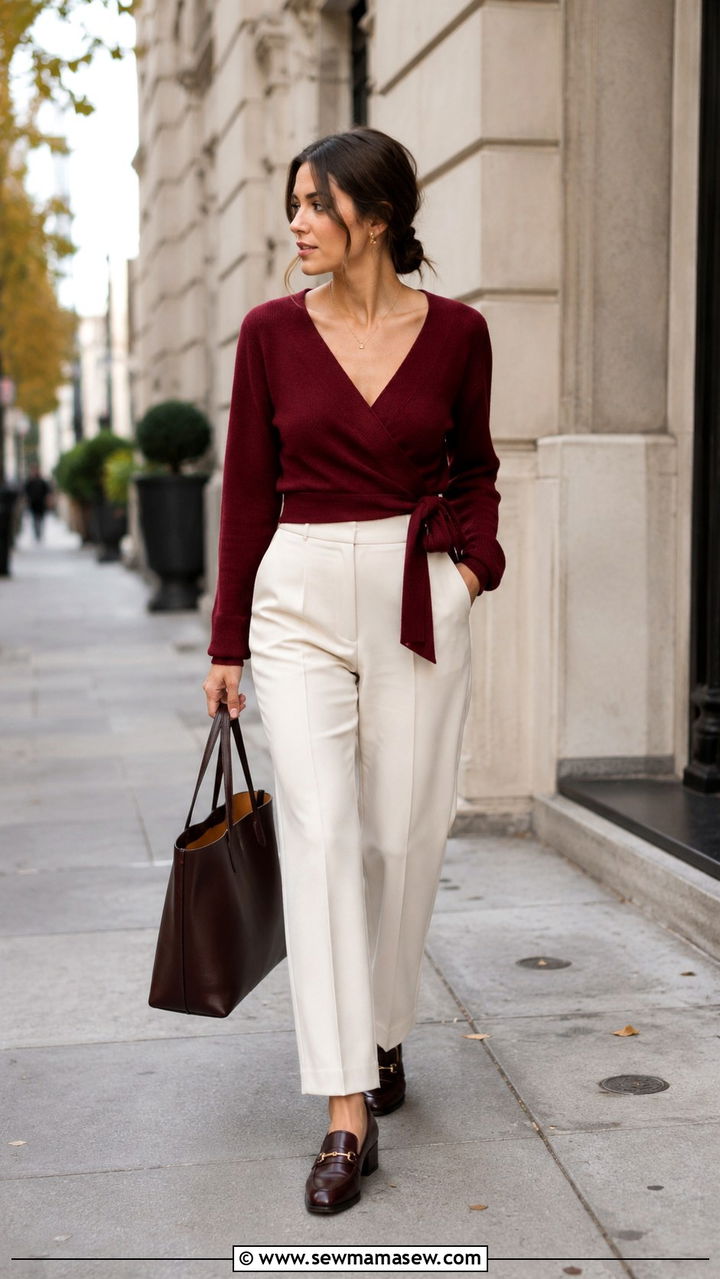 V neck wrap sweater with tailored trousers - 30 Sweater outfit ideas petite