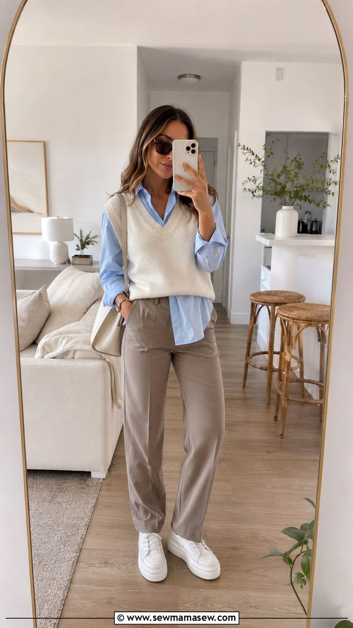 VNeck Sweater Vest With Tailored Trousers and Platform Sneakers - 30 Spring outfits with sneakers