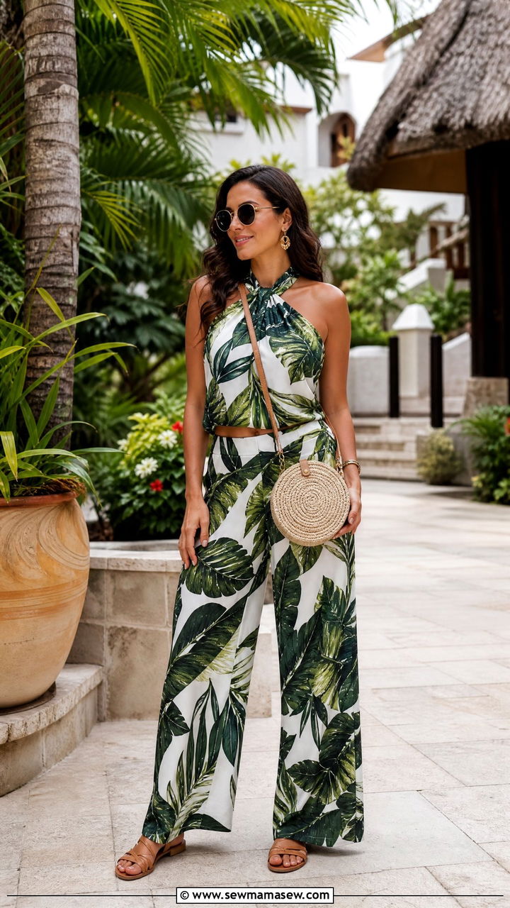 Vacation Printed Matching Set With Straw Bag - 40 Matching set outfit ideas printed