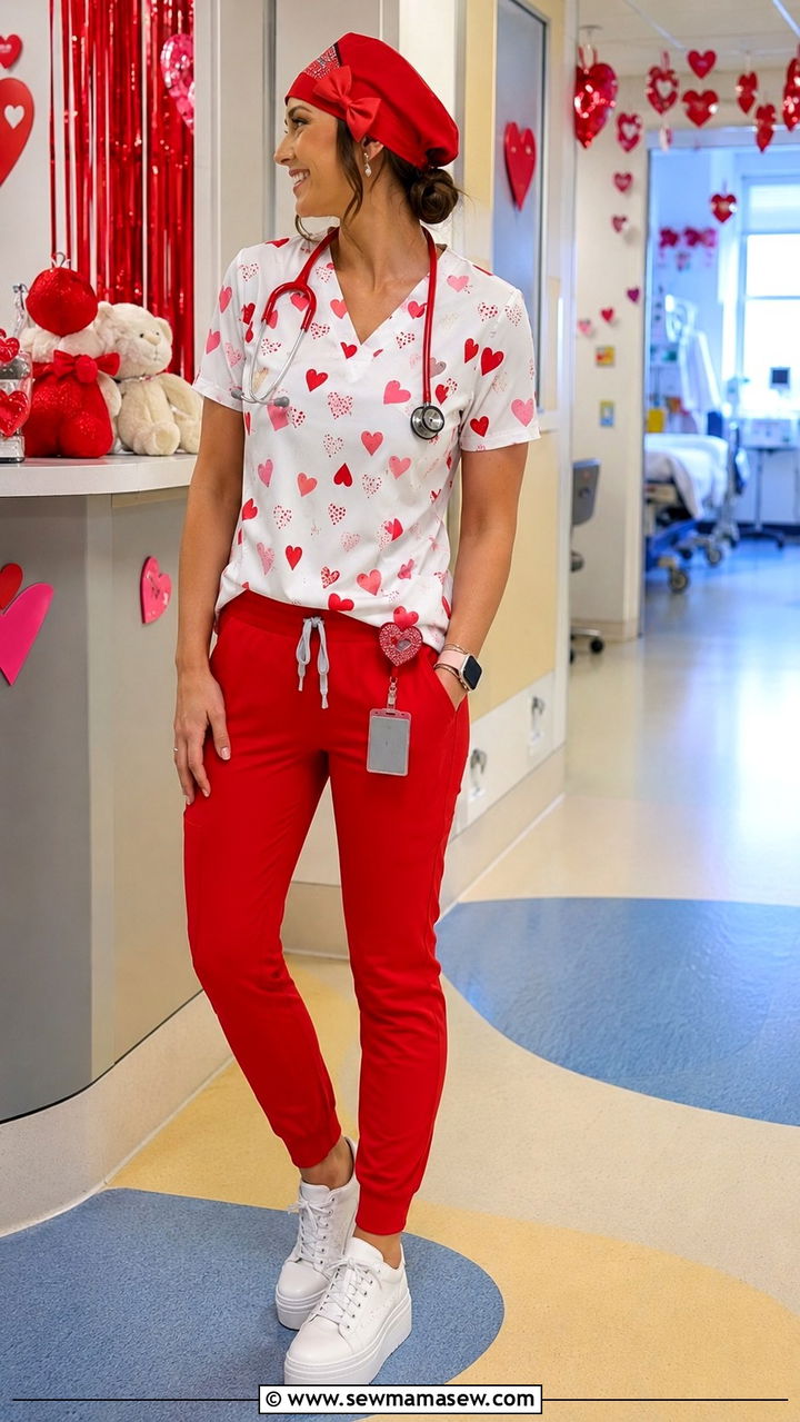 Valentines Heart Print Scrub Top With Red Pants And Love Themed Badge Reel - 25 Pediatric nurse outfit ideas