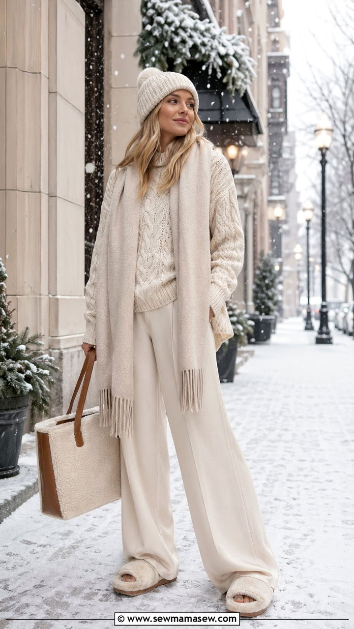 Vanilla Girl Oatmeal Knit Sweater and Cream Wide Leg Pants Outfit - 35 aesthetic outfits