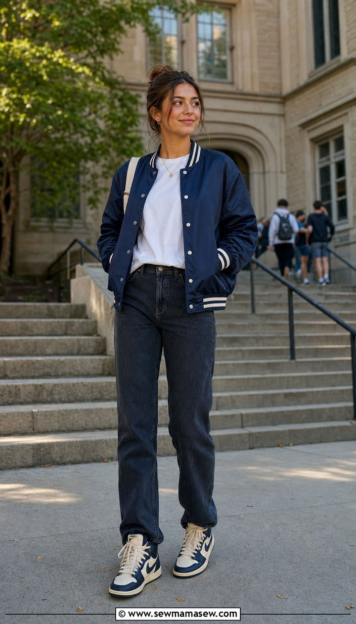 Varsity Bomber Jacket over a White Tee and Straight Leg Jeans - 35 Back to school outfit ideas 2026