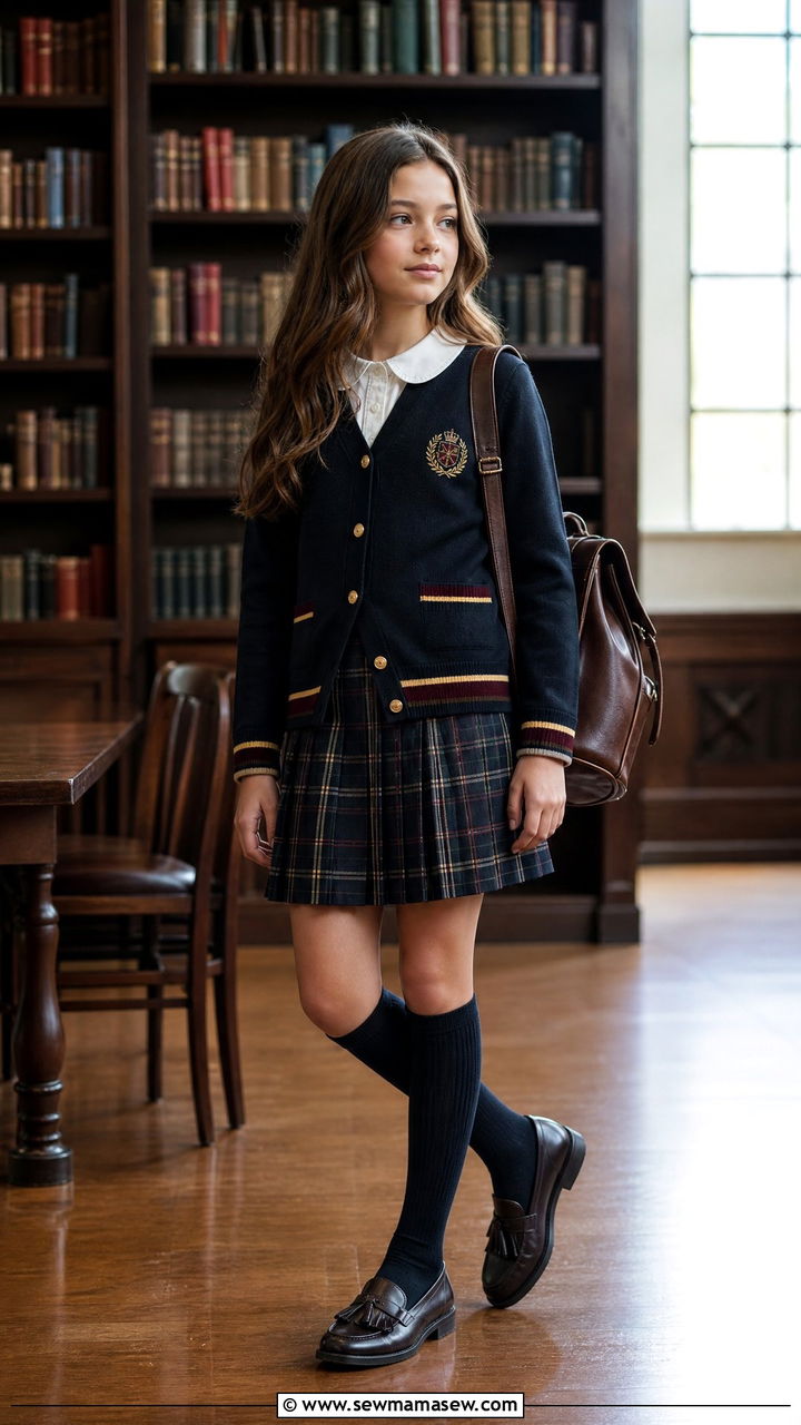 Varsity Cardigan With A Peter Pan Collar Blouse And Kiltie Loafers Outfit - 25 First day of middle school outfit ideas