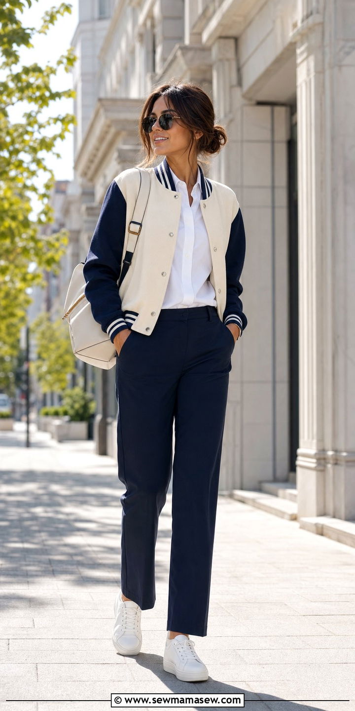 Varsity Jacket With Button Down Shirt And Trousers - 25 spring business meets athletic outfit ideas