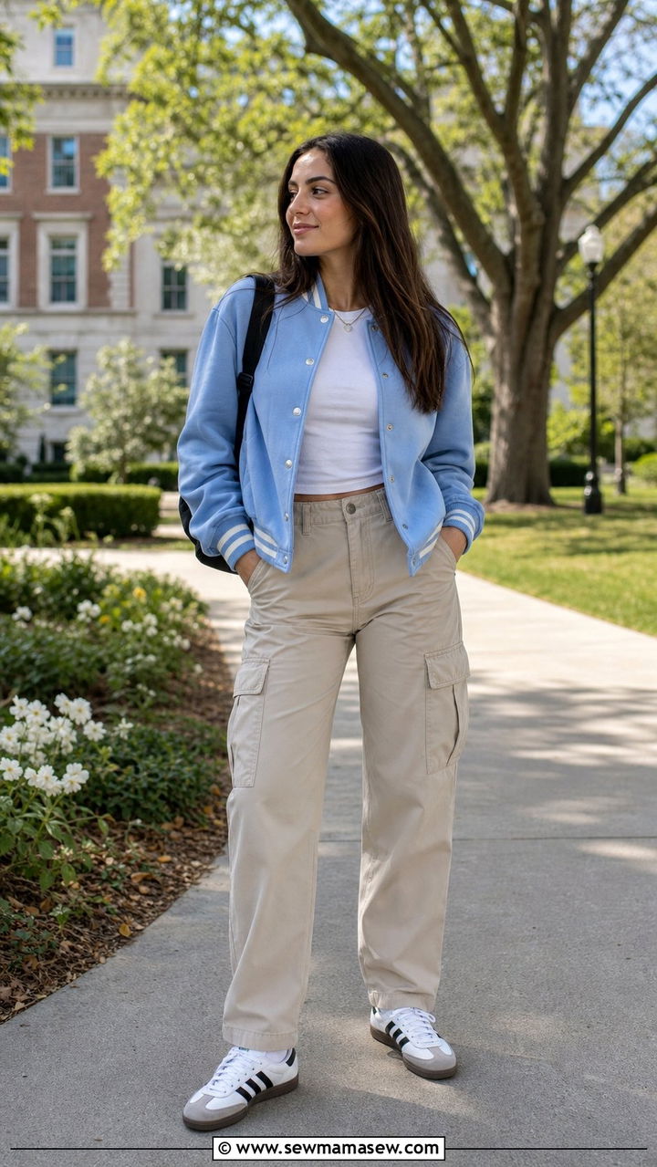 Varsity Jacket With Cargo Trousers And White Sambas - 25 spring outfits with adidas sambas