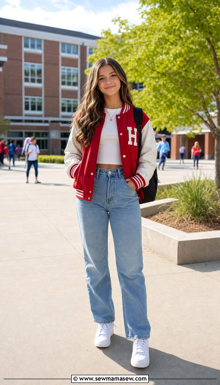 Varsity Jacket With Crop Top and High Waisted Jeans - 35 Back to school outfit ideas 7th grade