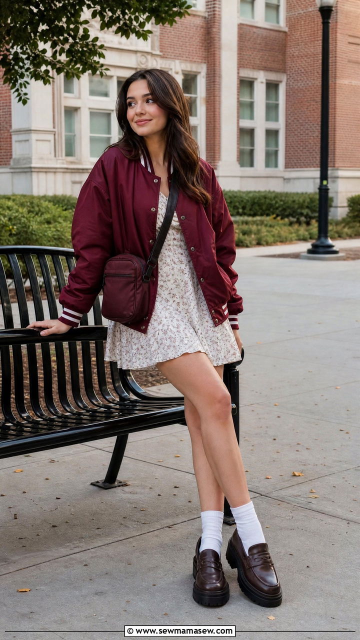 Varsity Jacket With Flowy Mini Dress Outfit - 30 College outfit ideas trendy 2026