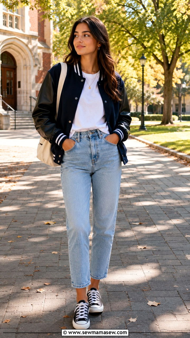 Varsity Jacket With Mom Jeans And Canvas Sneakers - 30 Sporty chic outfit ideas with jeans