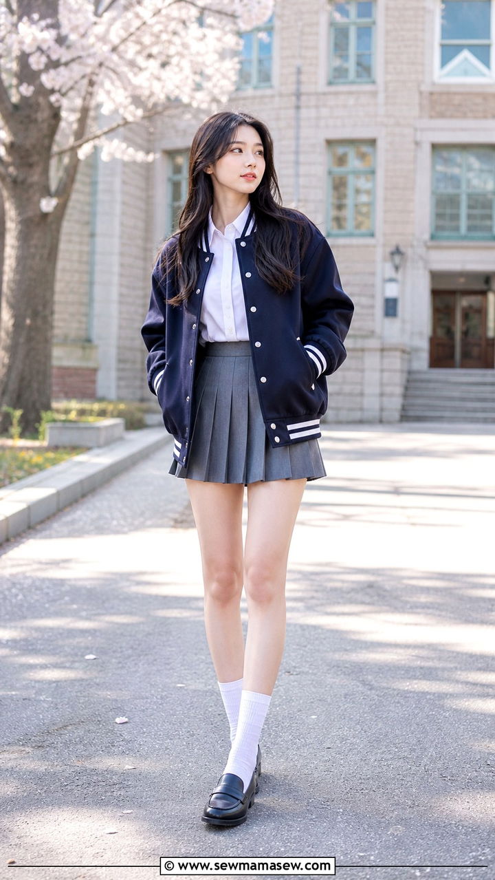 Varsity Jacket With Pleated Mini Skirt Seoul - 40 Seoul outfit ideas