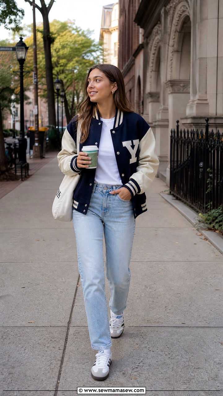Varsity Jacket With White T Shirt and Light Jeans Outfit - 25 Ivy league outfit ideas 2026