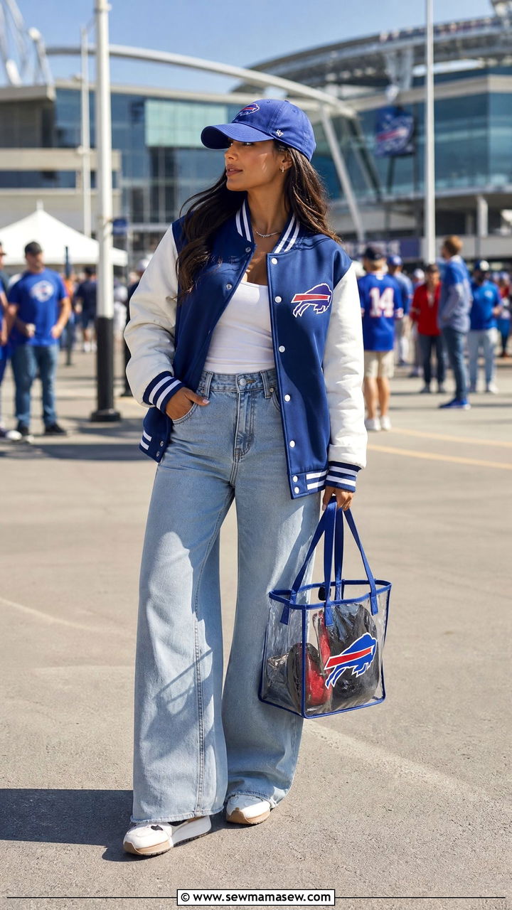 Varsity Jacket With Wide Leg Jeans And Retro Sneakers - 35 Gameday outfit ideas 2026