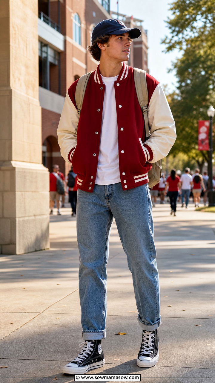 Varsity Jacket and Jeans Outfit - 25 Fashion for college freshman