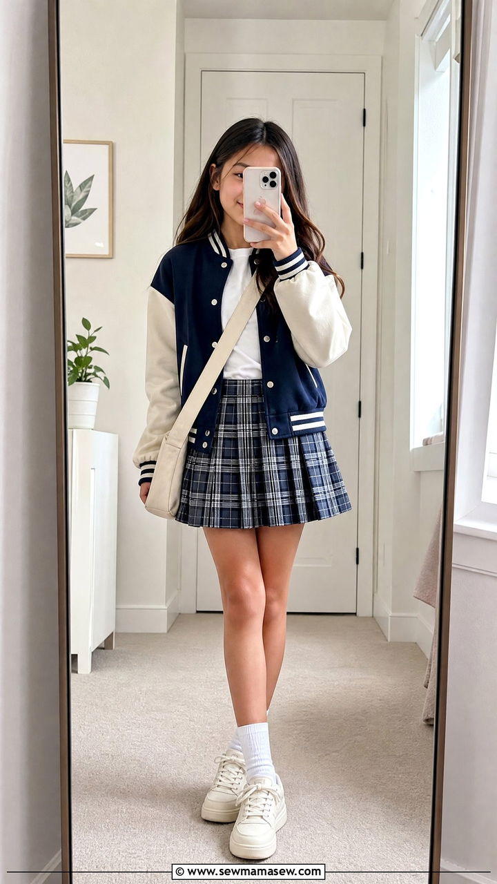 Varsity Jacket and Pleated Skirt Outfit - 30 Outfit ideas for tweens