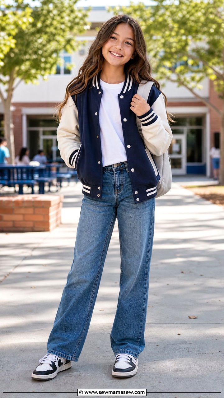Varsity Jacket and Straight Leg Jeans Outfit - 30 Tween outfit ideas aesthetic