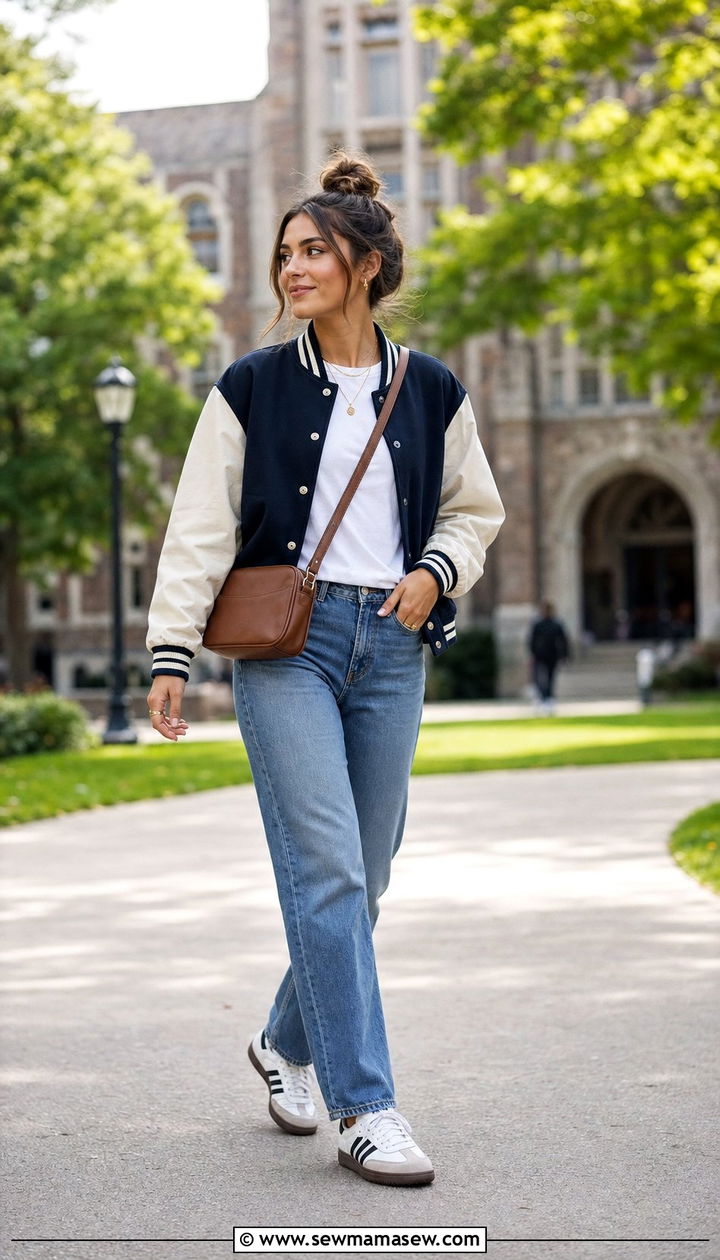 Varsity Jacket and Straight Leg Jeans with Retro Sneakers - 25 college outfits Pinterest