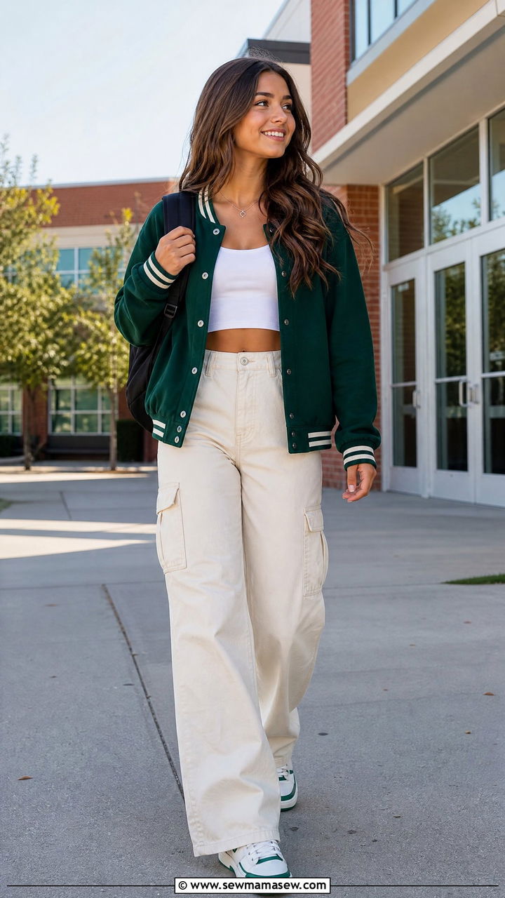 Varsity Jacket and Wide Leg Cargo Pants Outfit - 25 First day of high school outfit ideas