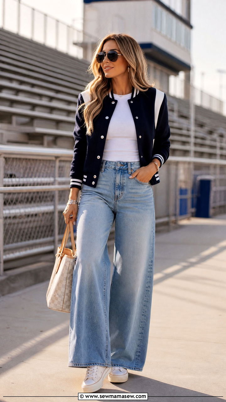 Varsity Jacket and Wide Leg Jeans Outfit - 25 Football game outfit ideas mom