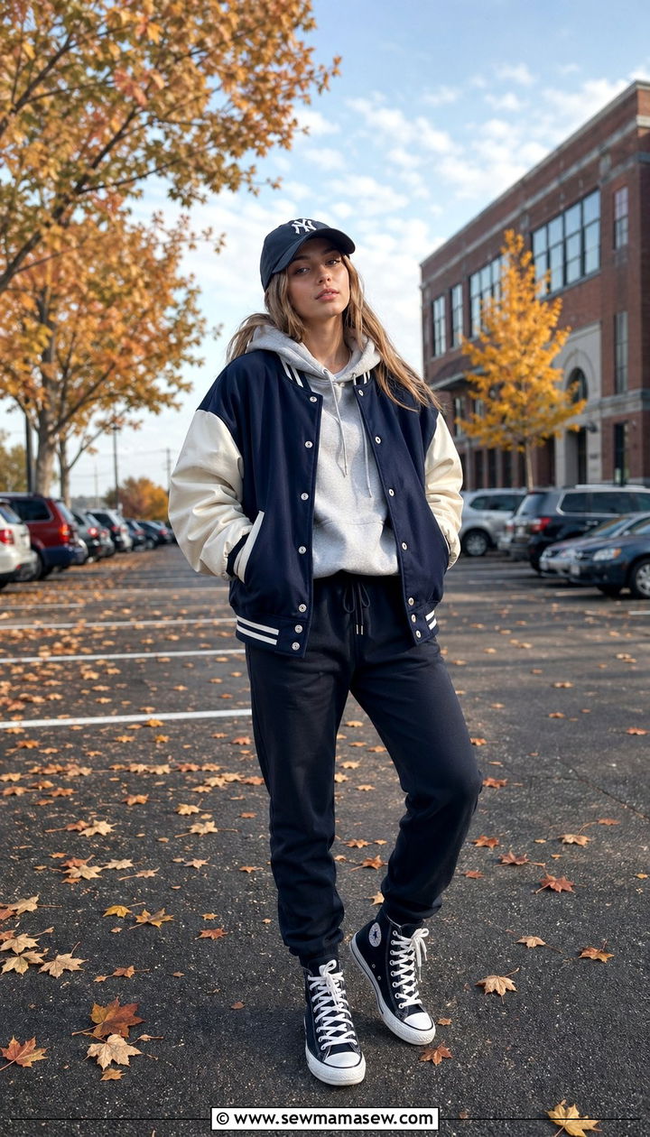 Varsity Jacket over a Hoodie with Jogger Pants Outfit - 35 Back to school outfit ideas 10th grade