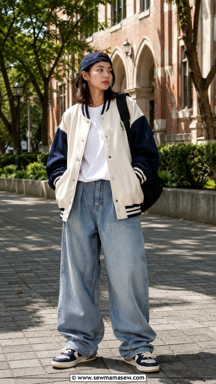 Varsity Jacket with Baggy Jeans and Retro Sneakers - 30 Tomboy outfit ideas