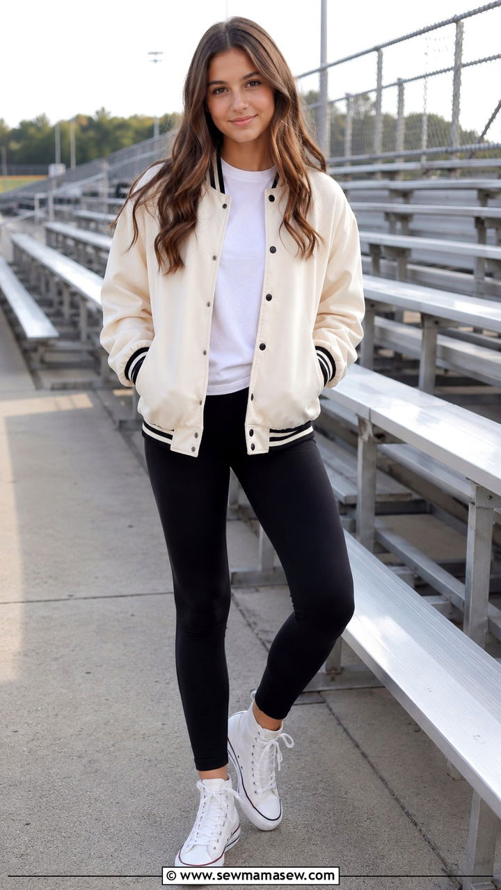 Varsity Jacket with Black Leggings and High Top Sneakers - 30 Spring outfits for middle school