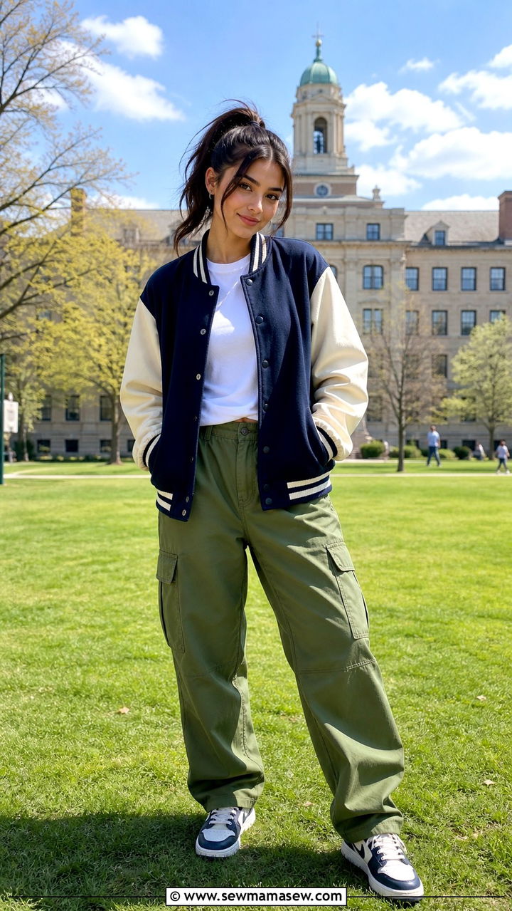 Varsity Jacket with Cargo Pants - 40 college outfits