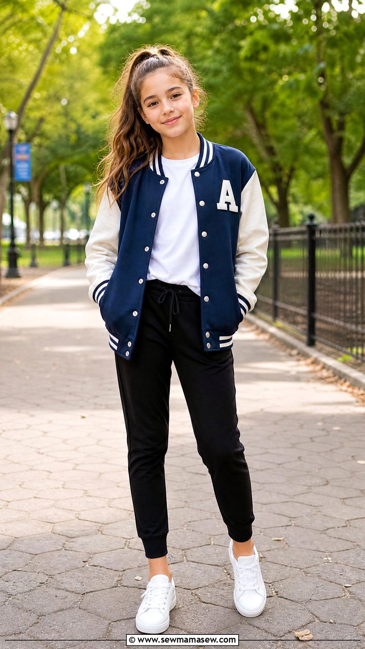 Varsity Jacket with Joggers Sporty Tween Look - 25 Tween outfit ideas for 11 year olds