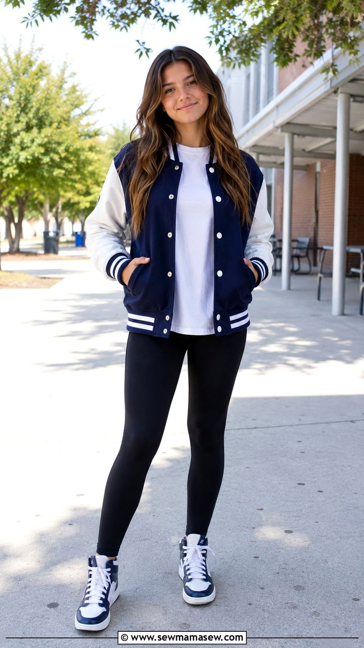 Varsity Jacket with Leggings - 30 School outfit ideas with leggings