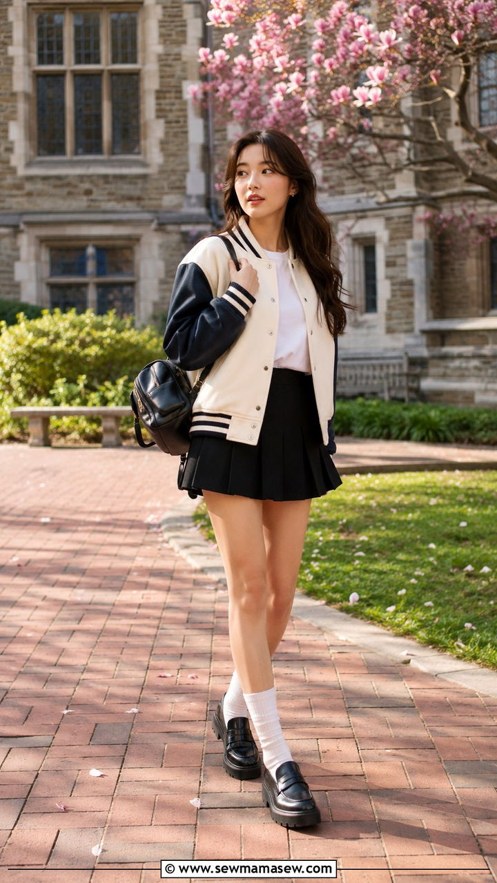 Varsity Jacket with Pleated Mini Skirt - 30 spring streetwear outfit ideas