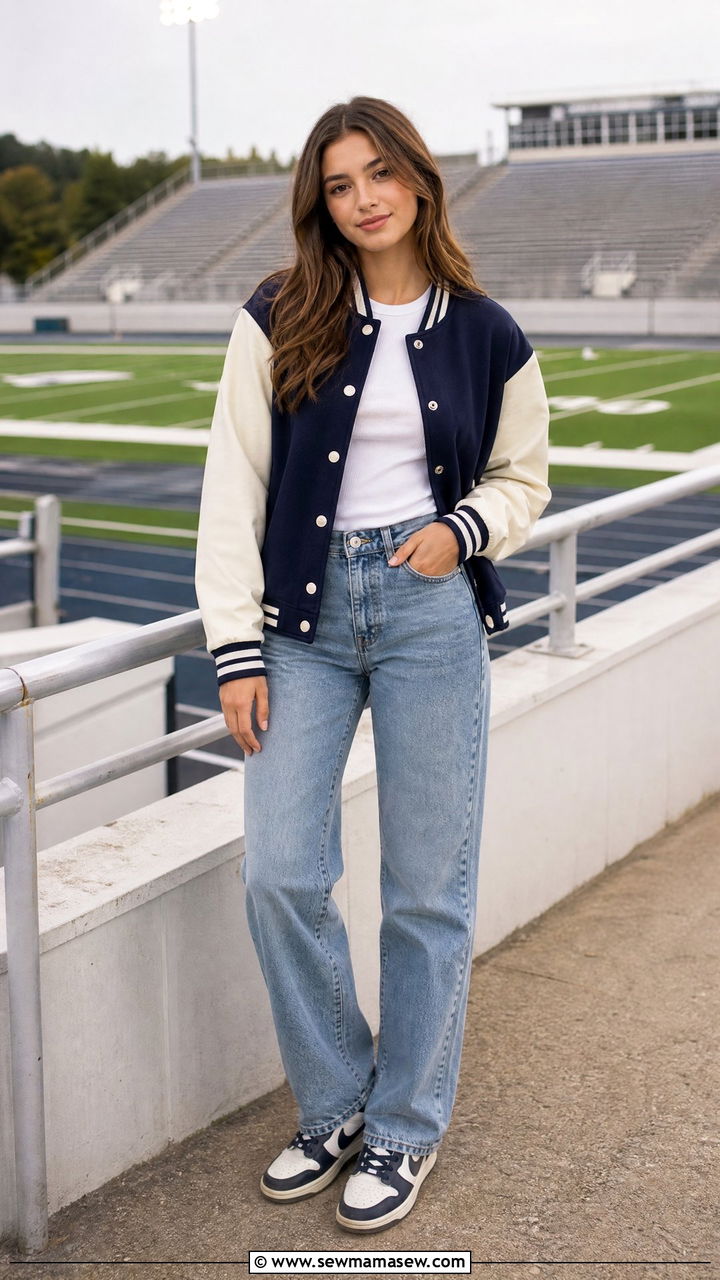 Varsity Jacket with Straight Leg Jeans and Retro Sneakers - 30 Trendy outfits for 16 year olds