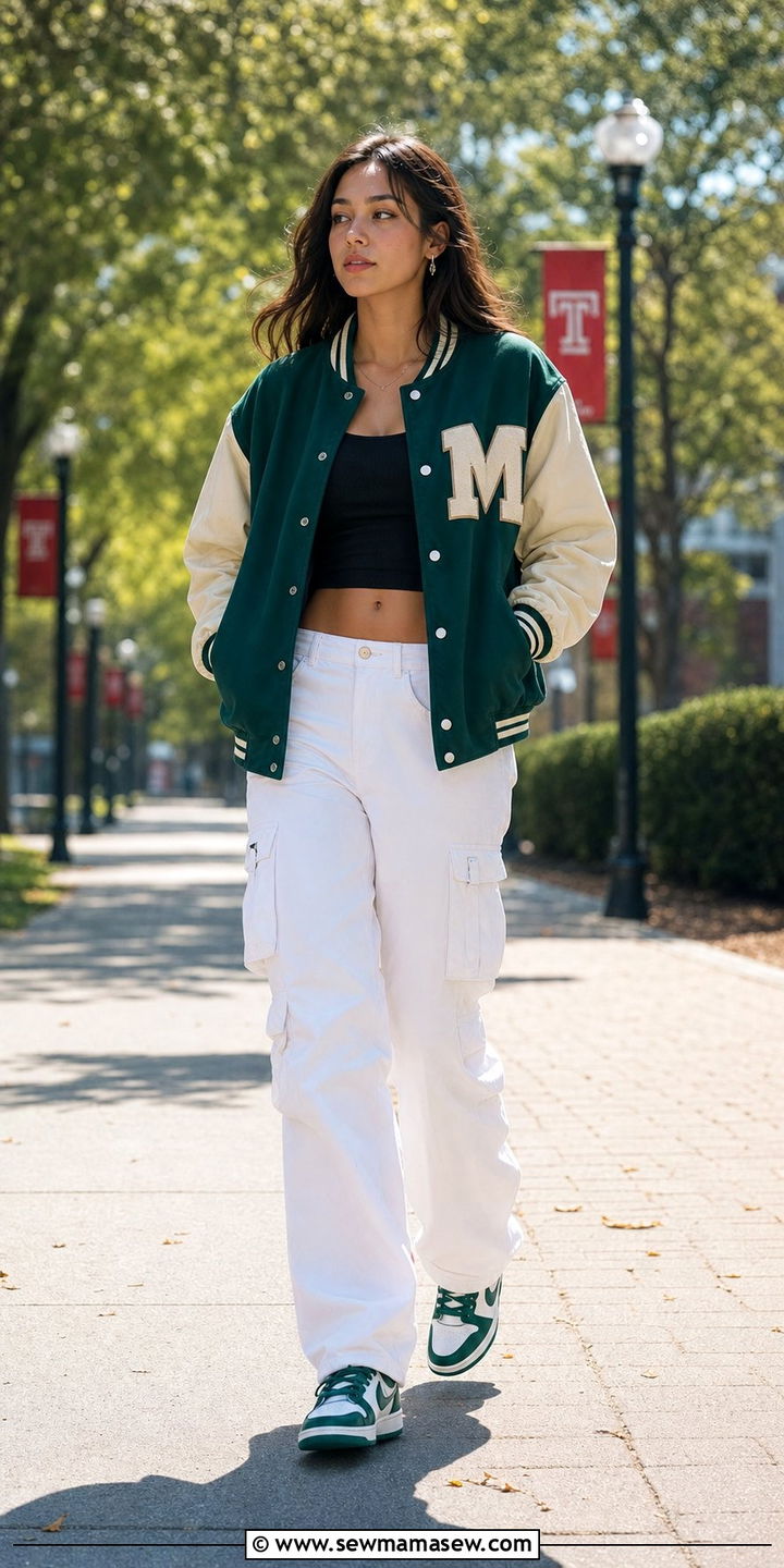 Varsity Jacket with White Cargo Pants - 35 back to school outfits inspo