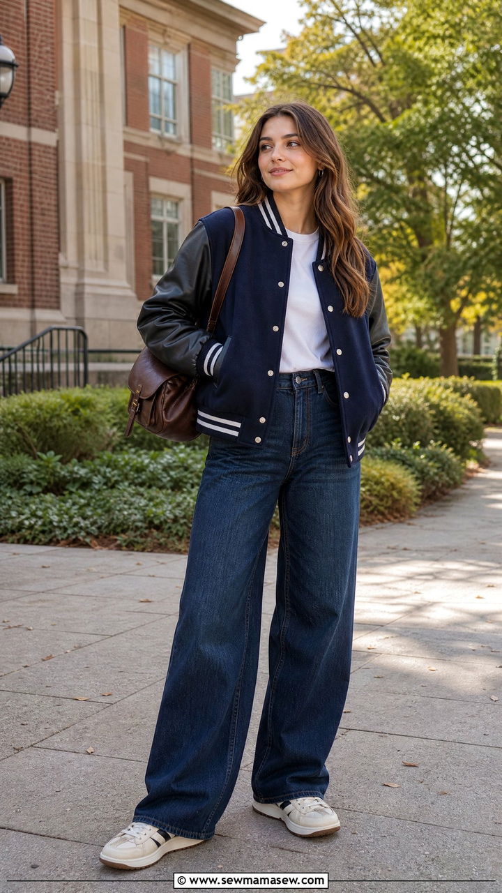 Varsity Jacket with Wide Leg Jeans - 30 streetwear outfits for women