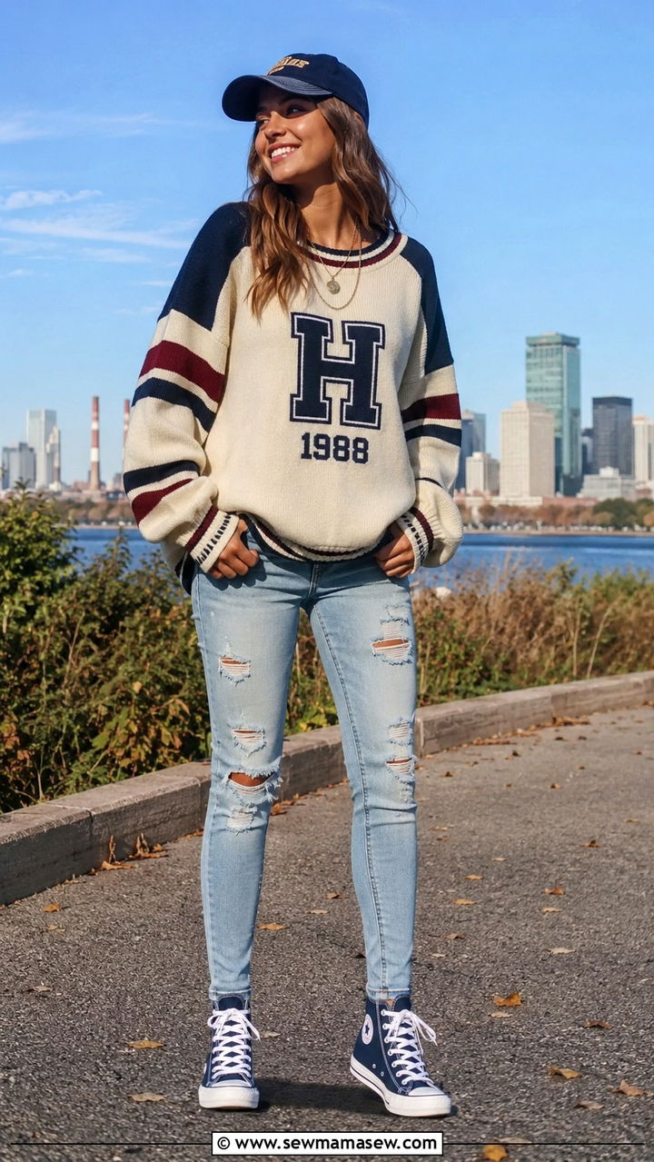 Varsity Style Oversized Sweater with Distressed Jeans and High Top Sneakers - 30 Oversized sweater with jeans outfit ideas