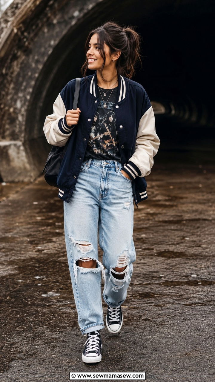 Varsity bomber jacket with ripped boyfriend jeans - 30 Bomber jacket outfit ideas with jeans