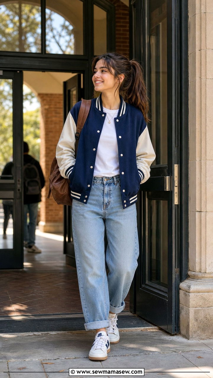 Varsity jacket and boyfriend jeans outfit 9th grade - 35 Back to school outfit ideas 9th grade