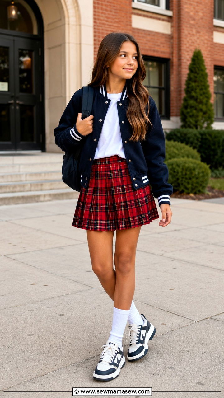 Varsity jacket and pleated skirt outfit - 30 Kids back to school outfit ideas