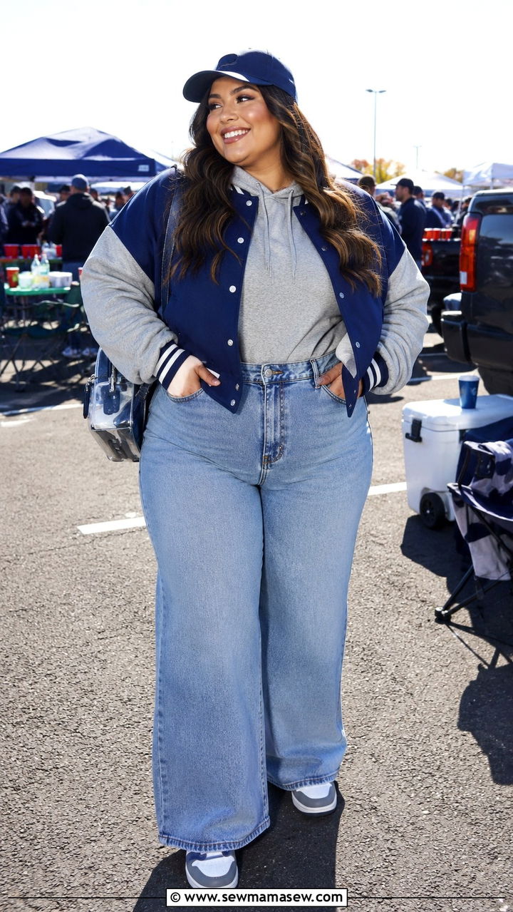 Varsity jacket with hoodie and wide leg jeans outfit - 30 Plus size tailgate outfit ideas