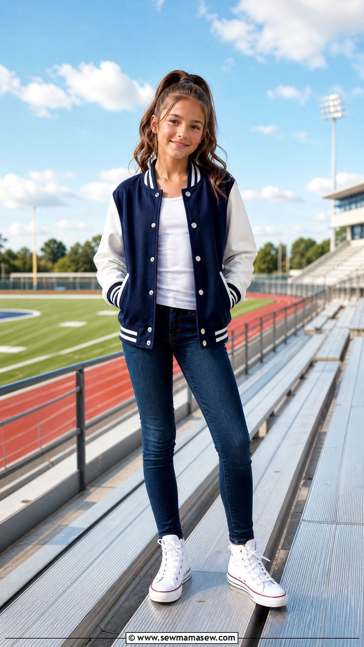 Varsity jacket with skinny jeans and high top sneakers - 25 Tween outfit ideas for 12 year olds