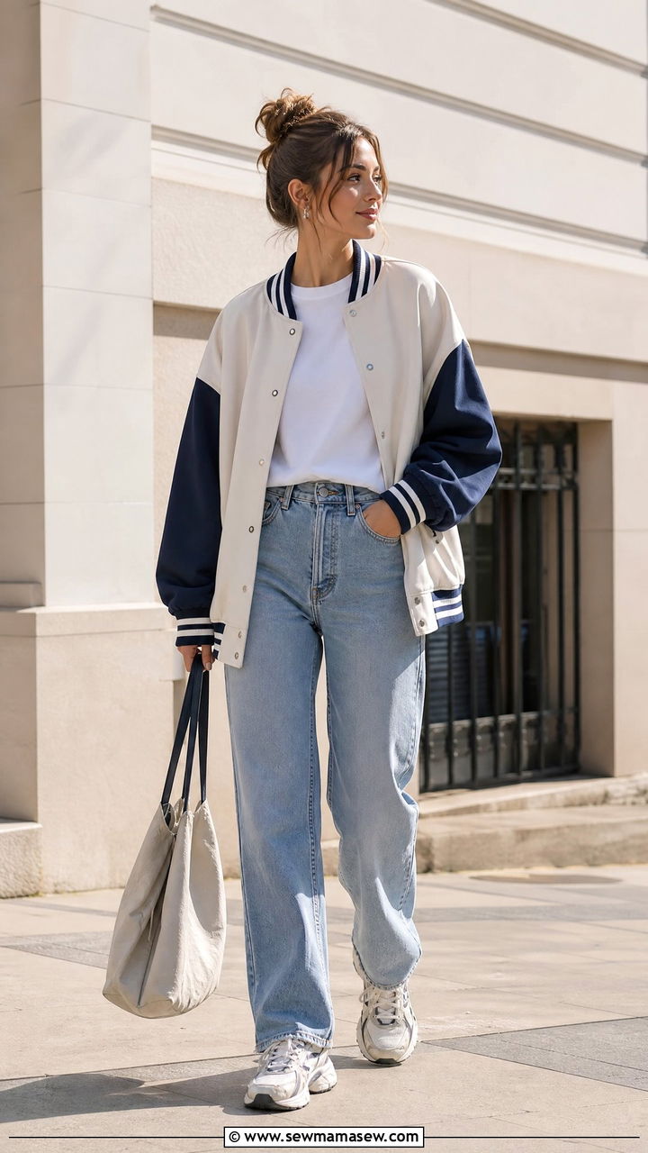 Varsity jacket with straight leg jeans and sporty sneakers - 30 classy sporty chic outfits