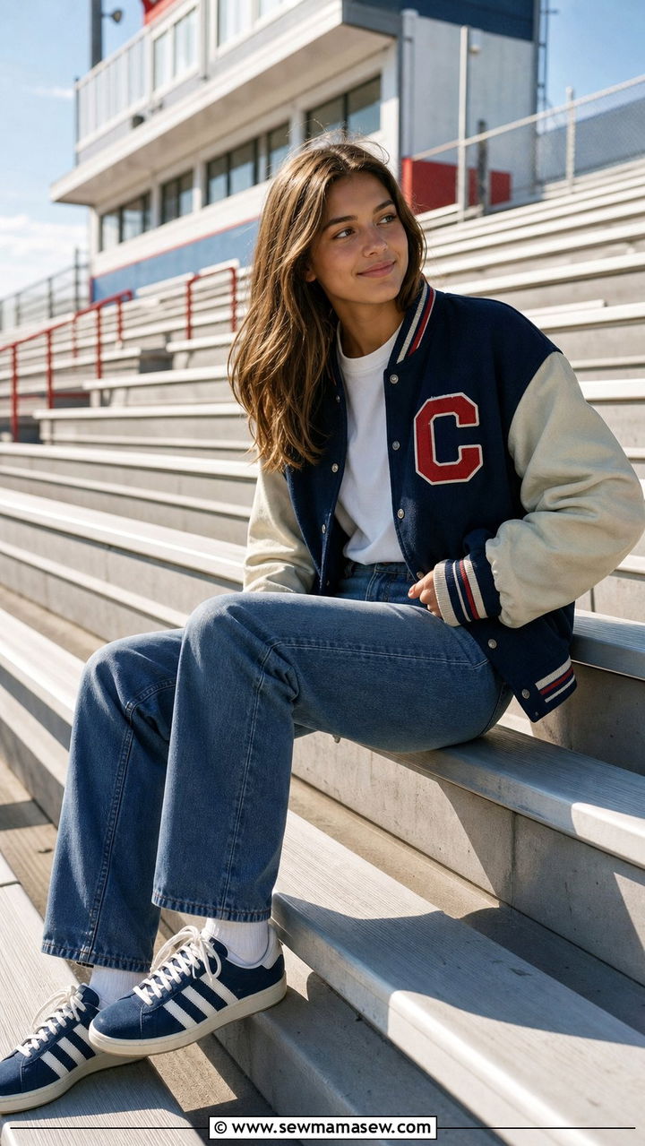 Varsity jacket with straight leg jeans outfit - 35 Back to school outfits for teens