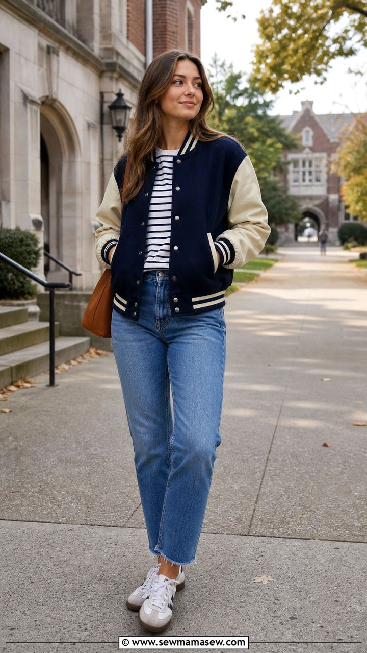 Varsity jacket with striped top outfit - 40 trendy outfits ideas