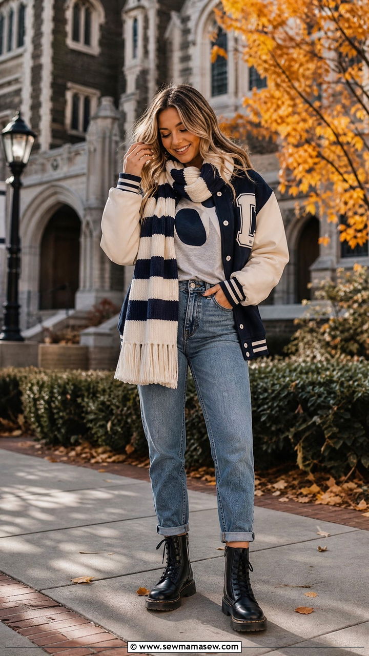 Varsity jacket with team tee and scarf - 25 Football game outfit ideas cold