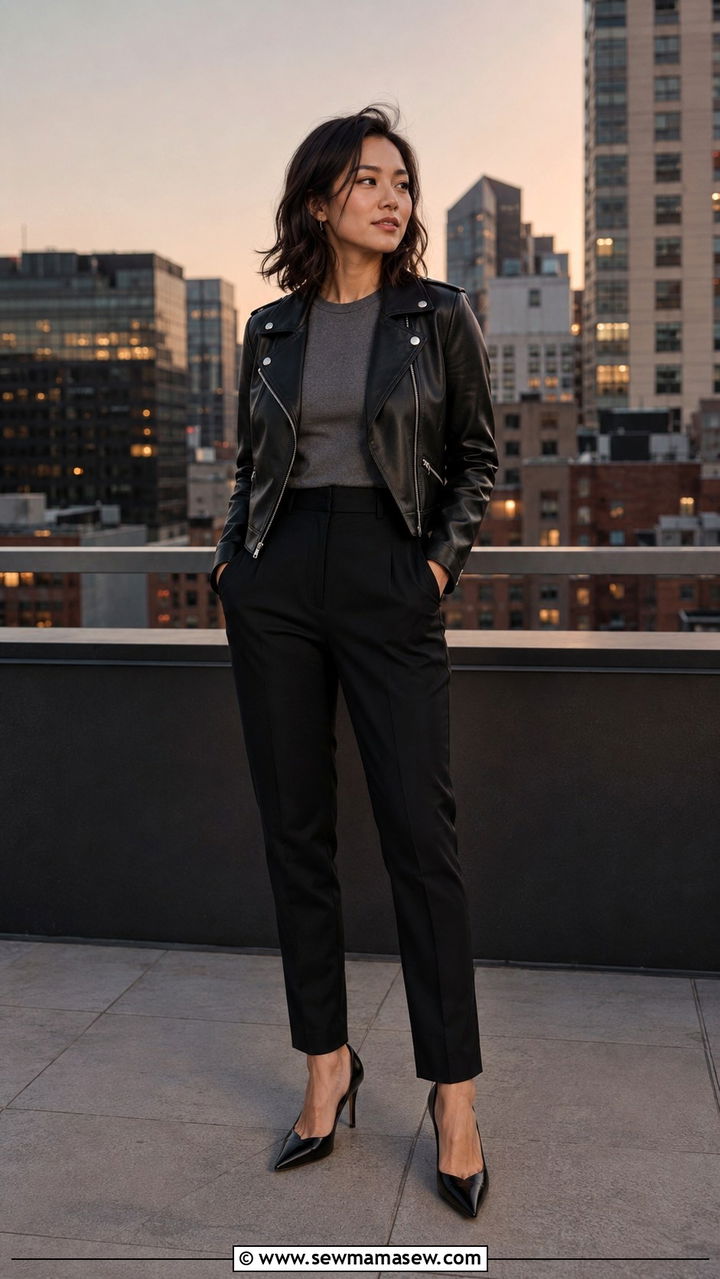 Vegan Leather Moto Jacket With Black Trousers And Heels - 25 Petite outfit ideas from Banana Republic