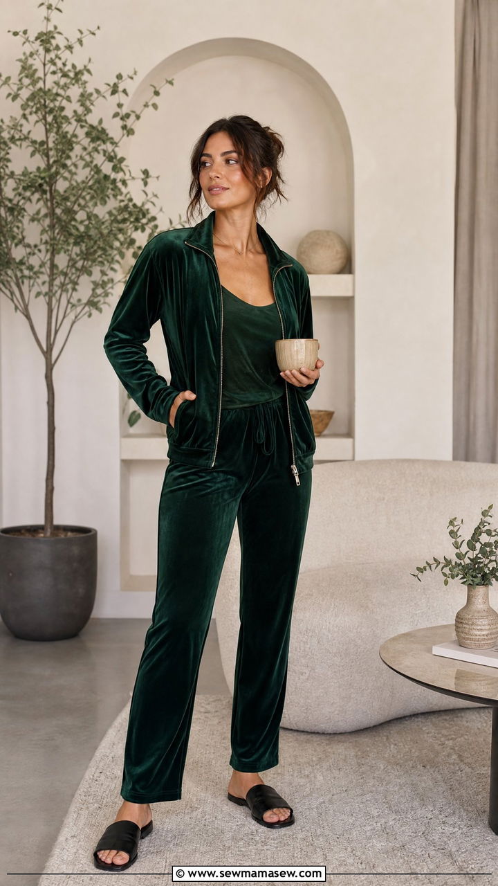 Velour track jacket and matching pants - 30 Cozy at home outfit ideas
