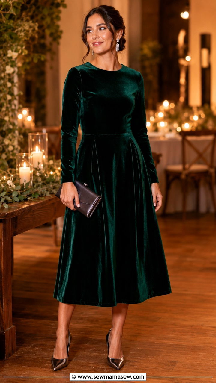 Velvet A Line Dress with Metallic Pumps - 25 Wedding guest outfit ideas A line dress