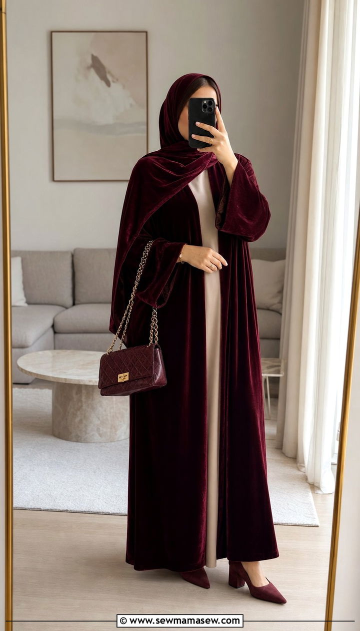 Velvet Abaya With Matching Hijab - 25 Eid outfit ideas Arabic