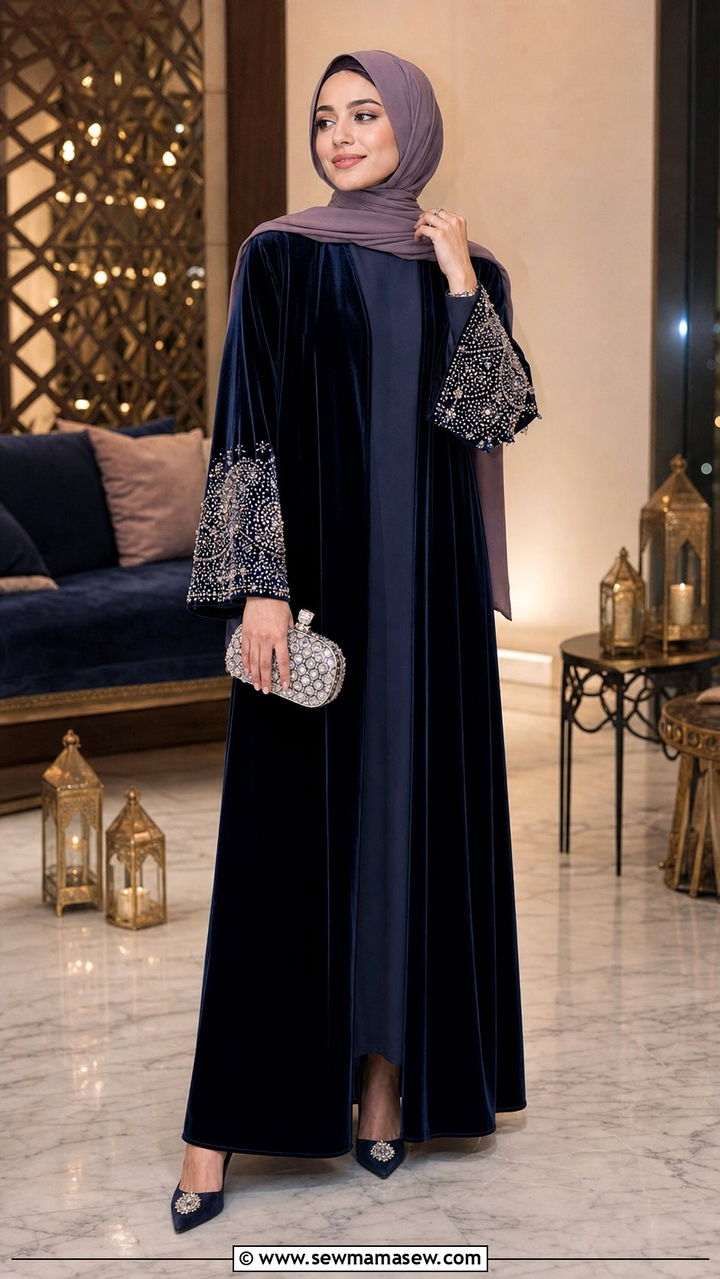 Velvet Abaya with Crystal Detailing - 25 Eid al Fitr outfit ideas 2026