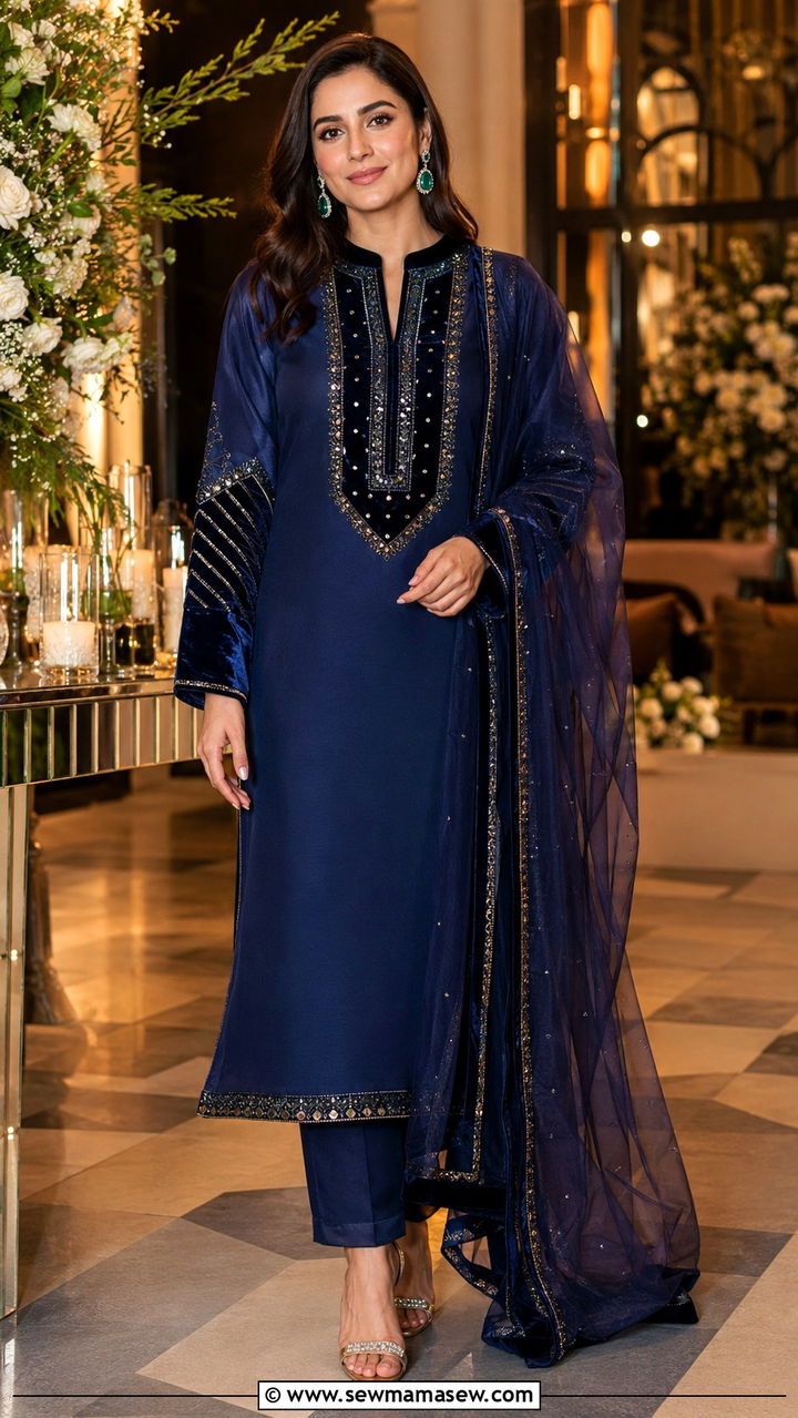 Velvet Accented Outfit for Dholki - 20 Wedding guest outfit ideas Dholki