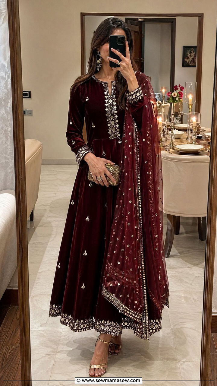 Velvet Anarkali with mirror work and dupatta - 35 Eid outfit ideas modest