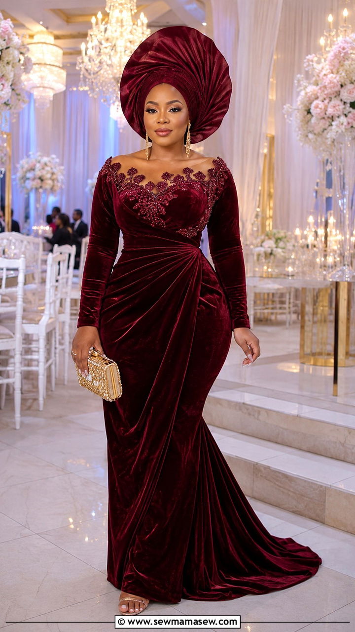 Velvet Aso Ebi Gown With Fan Gele - 25 Wedding guest outfit ideas Nigerian wedding
